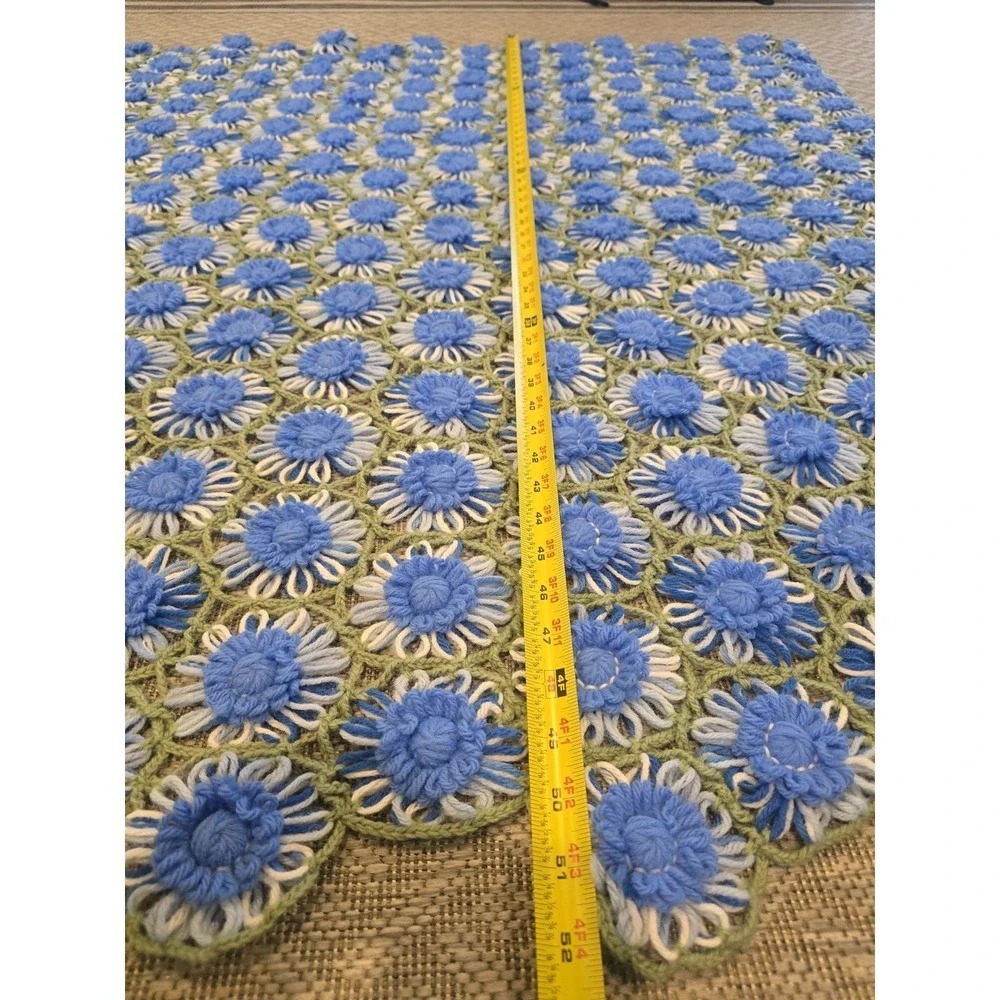 Vtg Hand Crocheted Granny Raised Floral Afghan Blanket Blue Green Large Throw